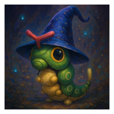 Caterpie wearing a wizard hat, magical fantasy style sticker