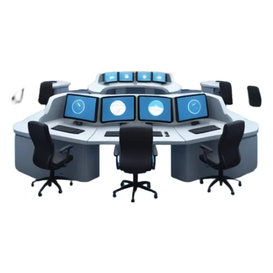 Cinematic mission control center, massive curved video walls with complex telemetry and glowing data visualizations, symmetrical high-tech workstations, dim blue and amber ambient lighting, sharp focus, hyper-realistic, atmosphere of absolute precision. sticker