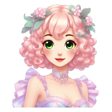 Gorgeous anime style lady with blushing face and accessories cottagecore fairycore Kawaii anime colorful pearly romantic aesthetic trending style sticker