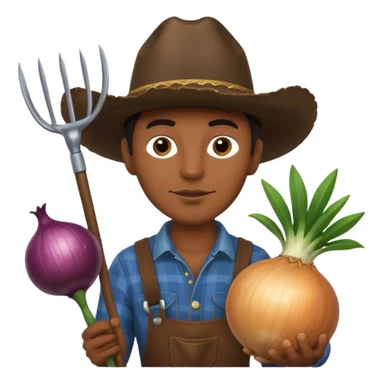 A black cowboy holding a gardening hoe and a large onion sticker