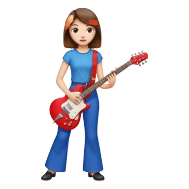Girl with brown hair with blue flared pants and a red top planning on an red and white electric guitar vintage vibe sticker