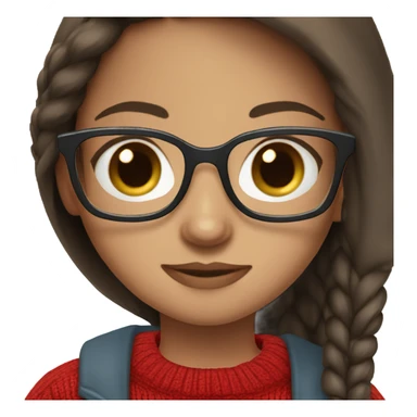 girl, white light skin, long straight dark brown hair, light blue eyes, dark red sweater, glasses, sticker