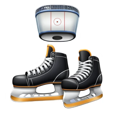 Please, make An icon featuring The background shows a packed stadium with cheering fans, bright arena lights, and an icy rink and close-up shots of key hockey equipment: a hockey stick, puck, and skates. Transparent background highlights the essentials of the game and the thrill of the sport. sticker