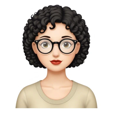 Mulher branca de cabelo curto preto cacheado e óculos redondo sticker