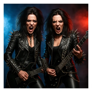 Gemini twins as heavy metal rockers, bold and edgy, metallic details, dramatic lighting sticker