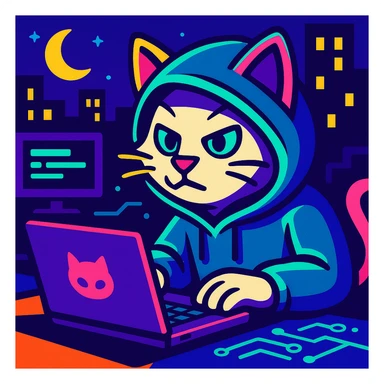 vibrant toon style white hacker cat with neon colors hacking at night sticker