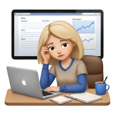 female tired blogger with a laptop, head resting on hand, sleepy expression, open notebook, cozy workspace sticker