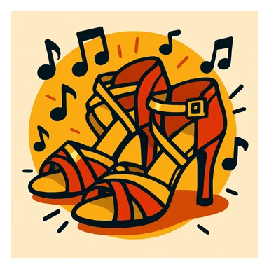 salsa dance shoes, red and gold, with musical notes, lively style sticker