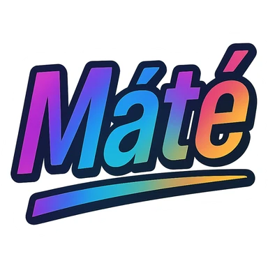 The name 'Máté' in a modern, colorful gradient font with a dark outline, on a transparent background, with the name underlined or partially underlined dynamically with a slanted underline, in the style of the sample images. sticker