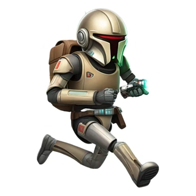 smiling bounty hunter protocol droid wearing backpack, saddlebags and light saber ready to fight running sticker