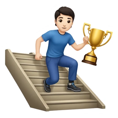 A man with fair skin and dark hair is climbing stairs to grab a trophy sticker
