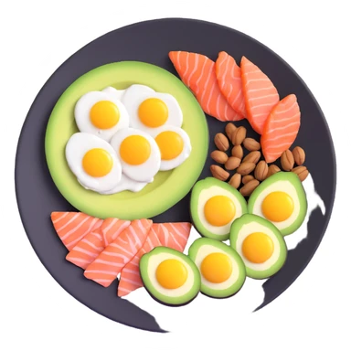 plate with typical keto foods: avocado, eggs, salmon, and nuts sticker