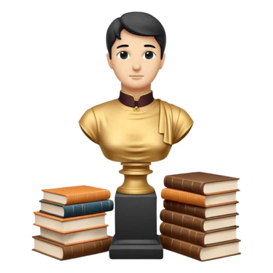 Minimalistic flat vector icon, iOS style, thin black contour on white background. Bust statue on a small pedestal next to a stack of books, symbolizing classic literature. Clean, no text, no shadows sticker