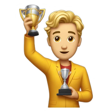 television game show host, lost in thought, holding a trophy sticker