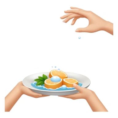 hands under running water with soap bubbles, plate of food nearby, clean and friendly sticker