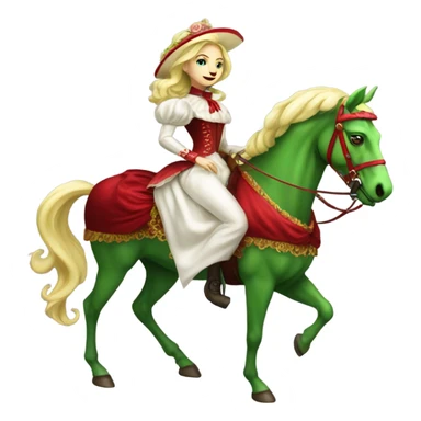 "galora green blonde alien woman" in red Victorian elegant dress, full body, rides horse gold and white
 sticker
