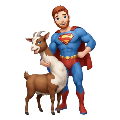 Full body Adult Superman Blue Eyes Scruffy Redish hair and redish trimmed Beard Muscle happy holding a happy laughing goat with blue hair sticker