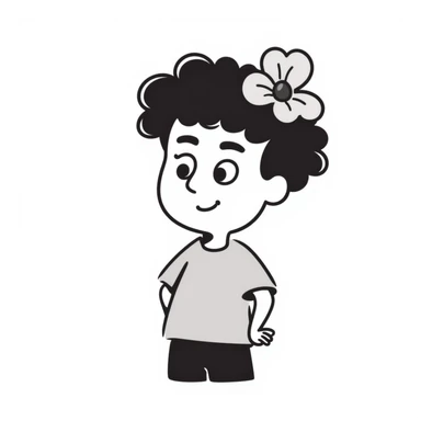 a boy with fluffy, wavy short hair and brown eyes, wearing a light grey t-shirt and a light pink flower on his head, doodle style sticker