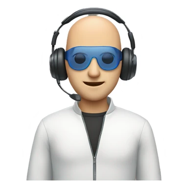 Bald man with a headset and a pc with bue eyes sticker