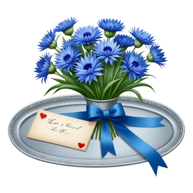 A beautifully ornate silver tray holding a bouquet of soft blue cornflowers and a love letter tied with a deep green ribbon. sticker