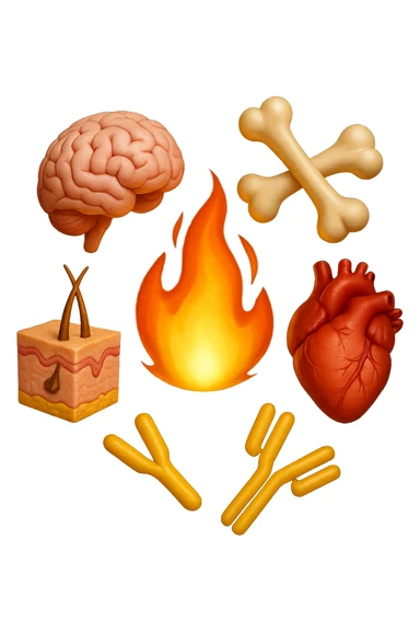 EMOJI STILE IPHONE 3D DI cervello, ossa, cuore, porzione di epidermide e cellule di anticorpi che girano in tondo, al centro di questi elementi c'è una fiamma 3d  FALLO MOLTO REALISTICO IN 3D sticker