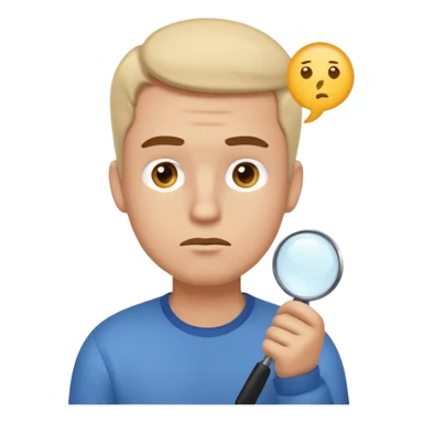 Realistic emoji-style man in simple everyday clothes, looking thoughtful and analytical. A thought bubble above his head shows a critical-thinking icon (question mark + magnifying glass). Soft lighting, expressive critical facial expression. sticker