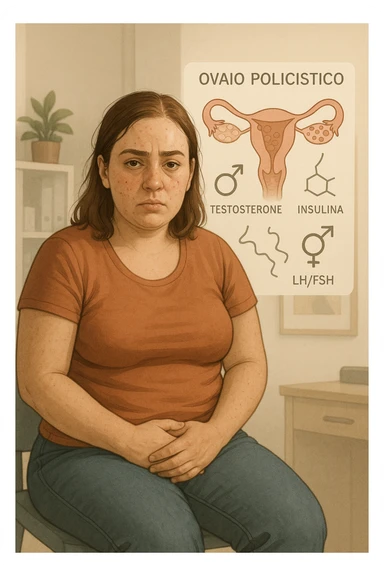 Donna tra i 25 e i 35 anni, con espressione stanca ma determinata, seduta in uno studio medico o nella sua stanza, con mani sul basso ventre. Sullo sfondo un diagramma trasparente o fluttuante di ovaie con cisti multiple, ormoni stilizzati in disequilibrio (testosterone, insulina, LH/FSH). Leggeri segni visivi di sintomi tipici: acne sul viso, lieve aumento di peso, capelli leggermente diradati in zona frontale. Ambiente realistico ma con elementi educativi e simbolici. Toni tenui ma caldi, stile empatico e informativo. in italiano sticker