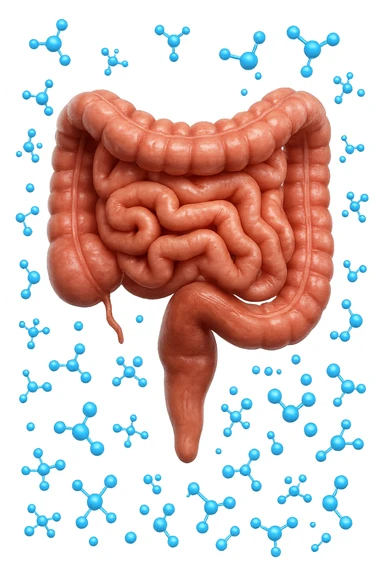 INTESTINO UMANO ANATOMICO CON MOLECOLE CHIMICHE BLU IN 3D CHE GLI FLUTTUANO INTORNO, IPERREALISTICO 4K sticker