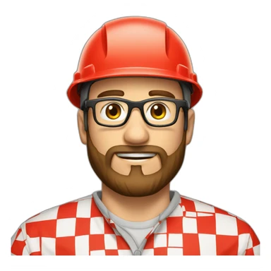 brown hair beard glasses hardhat shirt with red squares sticker
