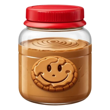small transparent jar filled with thick caramel-brown cookie butter, swirled glossy surface, rich smooth texture, simple red or beige lid slightly open, no label or branding, soft lighting, subtle shadows, emoji scale sticker