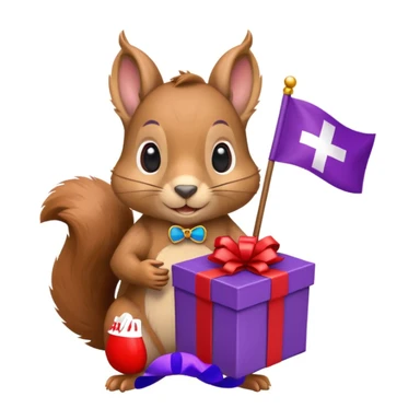 a squirrel holding a purple gift box in one hand and a red Swiss flag in the other, both objects clearly visible, simple white background, the gift is a different color from the flag sticker