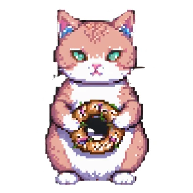 pink cat eating simit, pixel art style sticker