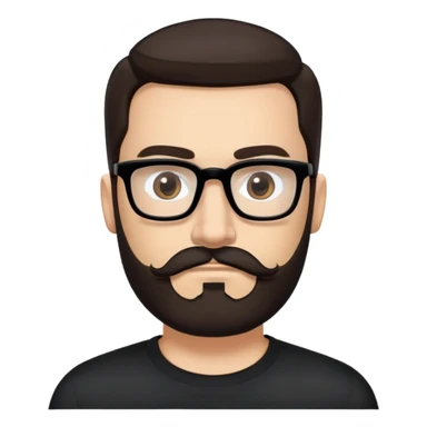 Caucasian male, medium long-length hair straight dark brown hair combed back, thick dark eyebrows, rectangular black eyeglasses, full beard and mustache neatly groomed, neutral facial expression, wearing a black crew neck shirt. sticker