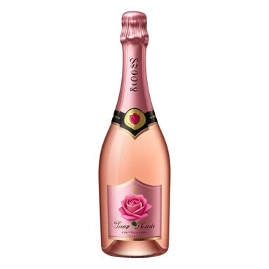 bottle of sparkling rosé champagne with a rose logo on the label, tilted up and to the right, no glass sticker
