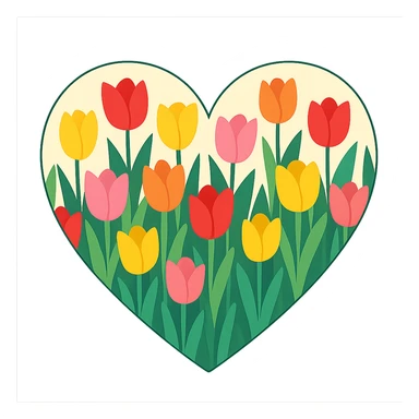 heart with a tulip field theme, clean digital illustration sticker