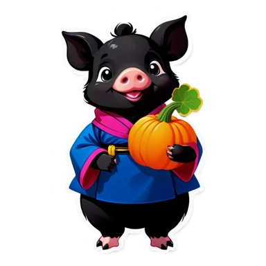 A black piglet wearing hanbok with "luck” written on it and holding a pumpkin. sticker