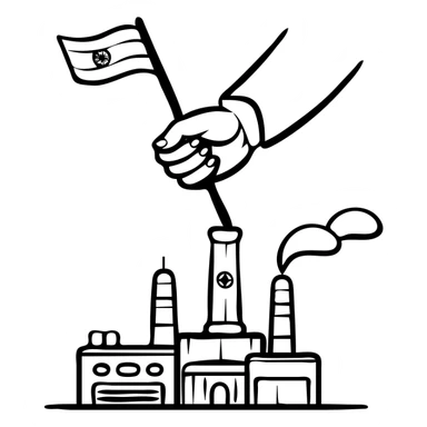 government hand taking control of factory with Indian flag, representing nationalization sticker
