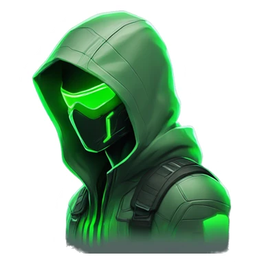 Side view developer behind his laptop with this style : crysis Cyberpunk Valorant neon glowing bright green character green black hooded assassin themed character sticker