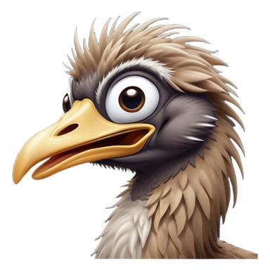 Cinematic Cute Yawning Emu Portrait Emoji, Head tilted slightly with a dramatic, wide-open yawn, showcasing a soft, downy brown plumage with gently drooping feathers and eyes barely open in drowsy contentment, Simplified yet irresistibly adorable features, highly detailed, glowing with a soft, cozy glow, high shine, relaxed yet expressive, stylized with a touch of outback charm, bright and endearing, soft glowing outline, capturing the essence of a sleepy yet affectionate emu, so drowsy it feels like it could stretch out of the screen and curl up for a nap! sticker