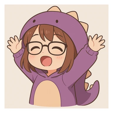 Chibi anime style gamer girl with glasses, brown hair, dark purple eyes, wearing a purple dinosaur costume, new pose with arms up in excitement, making a sleepy expression, no controller, no background, same style as reference. sticker