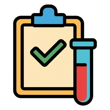 business-friendly icon for diagnostic lab approval workflow, showing a clipboard with a checkmark and test tube, modern and simple design sticker