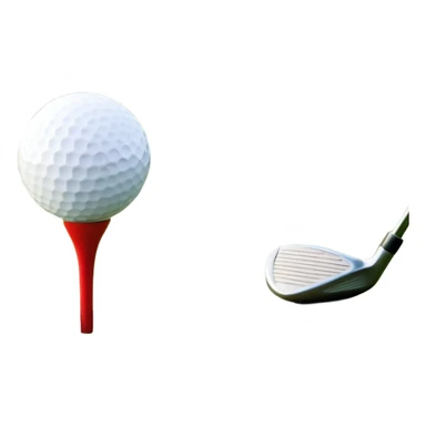 A golf ball on a tee with a golf club placed beside it, set against the backdrop of a well-manicured green golf course. The scene emphasizes the equipment and serene atmosphere of the sport, with soft lighting and a peaceful, open landscape sticker