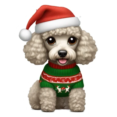 A mini poodle wearing  a Christmas sweater sticker