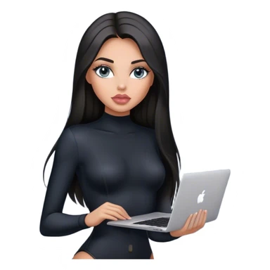Glamours, tanned, very beautiful girl, with big pump peach-beige-rose lips, black straight smooth silky long hair, straight parting, blue-grey eyes, in black bodysuit holding MacBook sticker
