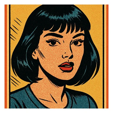 portrait of a girl with black shoulder-length hair, bangs, black almond-shaped eyes, full lips, and straight nose, old school comic book style sticker