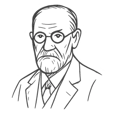 a hand drawn black outline portrait of Sigmund Freud with similar-sized eyes based a famous portrait of him sticker