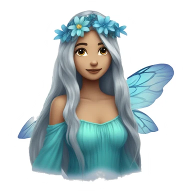 Beautiful, flower, fairy, blue, turqoise, silver, navy, long hair, big wings sticker