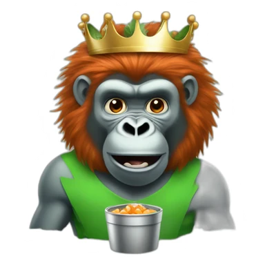 Red hair green skin silver back gorilla with a crown on eating a carrot sticker