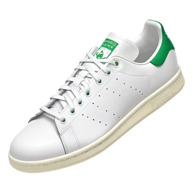 White Adidas Stan Smith shoe with green accents, iconic tennis sneaker, clean design, white with green heel tab, front angle view sticker