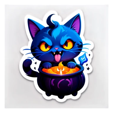 A chubby, dark blue cartoon cat with a cute and magical appearance, inspired by the ‘Skull Cat’ sticker pack. The cat has big round eyes, a small skull-like marking on its chest, and an overall playful yet slightly spooky vibe. It is laughing uncontrollably, rolling on the floor with its paws up, or holding its belly with a wide-open mouth and tiny fangs showing. The cat’s fur has subtle magical details, and a few floating sparkles or mystical symbols add to its enchanted look. The background is dark but whimsical, featuring soft purple and blue hues, playful Halloween elements like floating candles, a bubbling cauldron, and cobwebs. The art style is rounded, vibrant, and fun, perfectly matching a spooky yet adorable sticker design.” sticker